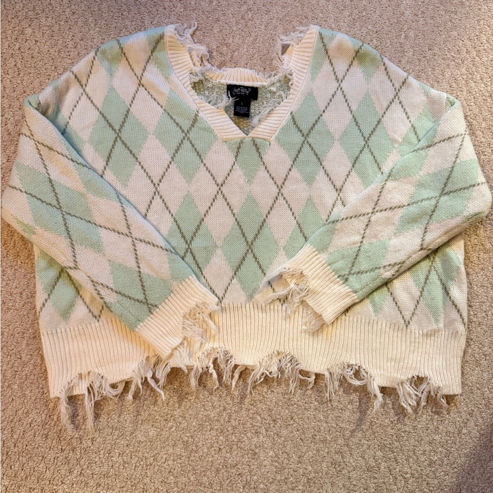 Distressed Mint V-Neck Sweater